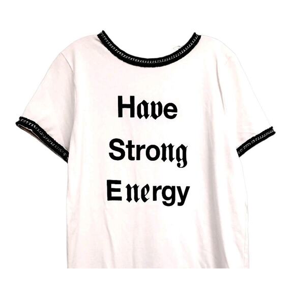 Zara T-SHIRT Dress Sz M White Have Strong Energy PARIS Designer Chain Black Trim - Picture 9 of 16